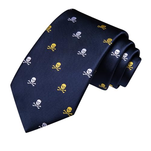 Image of Hi-Tie Men's Blue Yellow White Skull Dress Tie Sets Classic Neckties and Pocket Square Lapel Pin Silver Tie Clip Cufflinks Set Wedding Business 6PCS