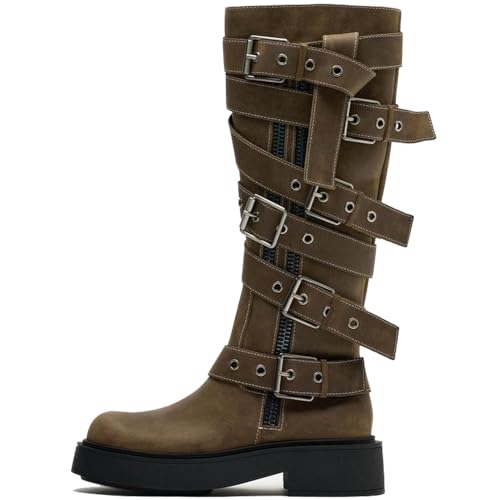 YIYA Women's Motorcycle Knee High Boots Buckle Round Toe Chunky Heel Combat Riding Biker Boots