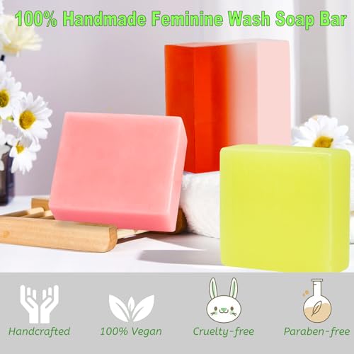 Image of 3 Pack Organic Handmade Yoni Soap Bars For Women Ph Balance, Feminine Vaginal Wash V Cleansing Bar Soap for Women, All Natural Soap Bar with Bubble Foam Net, Yoni Wash Away Odor (P+P+S)