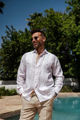 Mojito Men's 100% Linen Guayabera Chacabana Shirt Long Sleeve - Contrast Vertical & Collar Accent Trim2