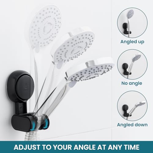 Image of TAILI Shower Head Holder Suction Cup, Adjustable Height & Angle, Wall Mounted, Waterproof, Black, Plastic, Round, Bathroom & Shower Fixture