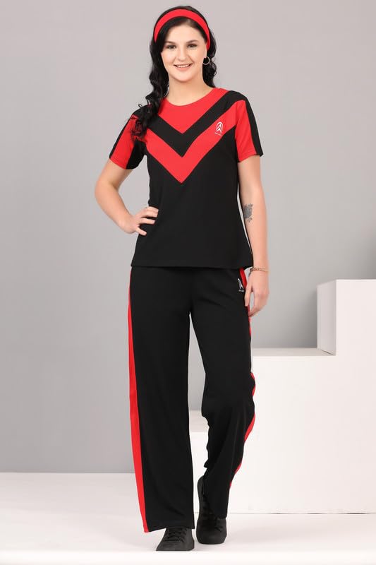 Image of Women's Cotton Blend Athletic Tracksuit - Round Neck Pullover Top & Bottom Set for Women and Girls | Sportswear & Loungewear Co-ord Set