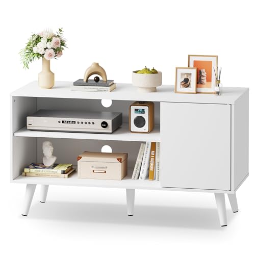 WLIVE TV Stand for 43 Inch TV, Small Entertainment Center with Storage Cabinet & Adjustable Shelves, Mid-Century Modern TV Stands for Living Room and Bedroom, TV Console Suit 32 Inch TV, White
