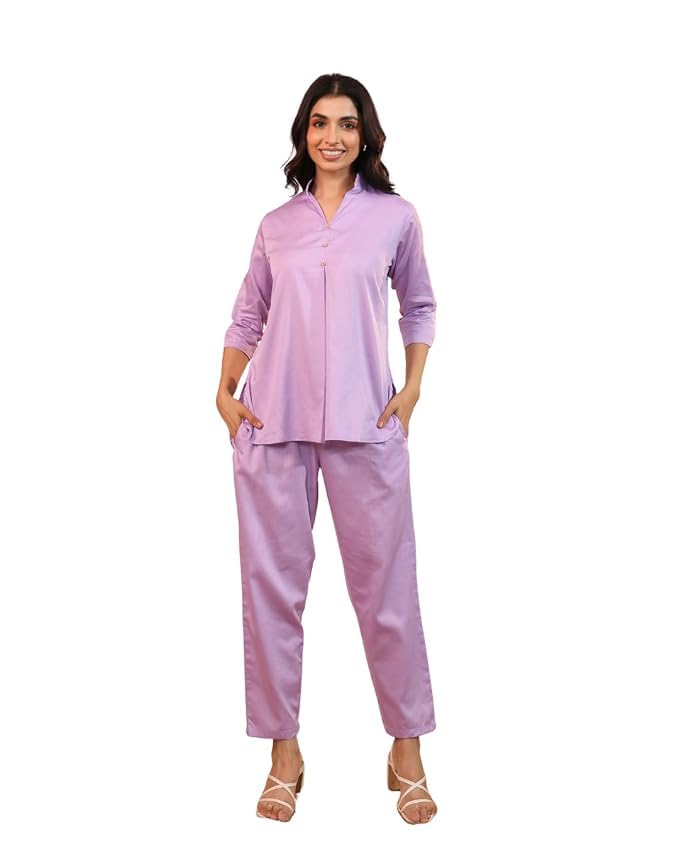 Rangrika.in Solid 3 Button Co Ord Set for Women Straight Fit Top and Pant Set Minimal Stylish Outfit for Office Wear Casual Daily Wear Comfortable Fashion (Lavender-M)-picture-29