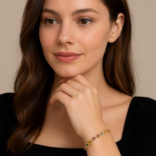 Elegant Crystal Link Bracelet, 18K Gold-Plated, Multicolor Gemstones, Gift Box Included2