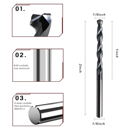Image of 1 /8 Carbide Drill Bit : Max 700 Holes for Hardened & Stainless Steel 5pcs | Hot Working Steel, Metal, TiAlSi Coating, 135 Point Angle, For CNC & drill press,
