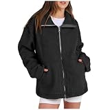 Abrigo mullido para mujer, con cuello alto, de forro polar, con bolsillos, térmica, cálida, de manga larga, para invierno, con cremallera completa, informal, color liso, abrigos de peluche, 02-negro,