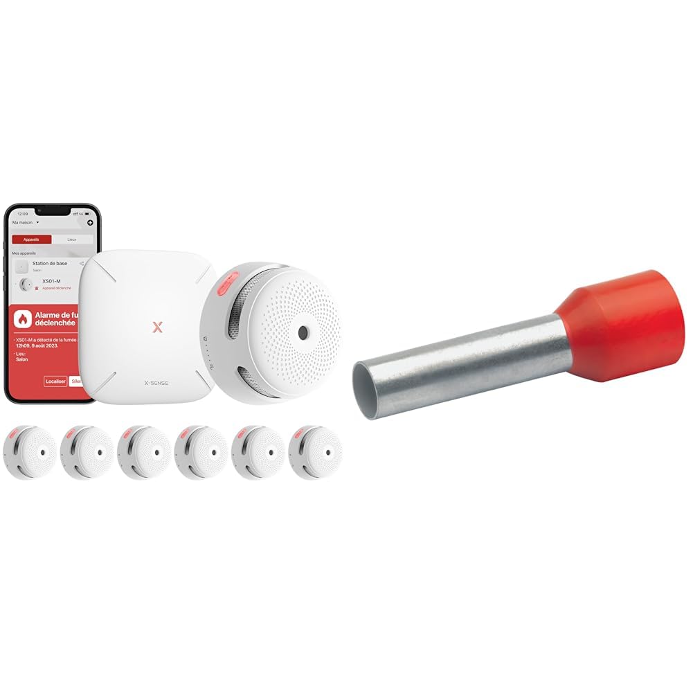 Detector de Humo X-Sense XS01-M ProConnected con estación Base SBS50 y terminales eléctricos Klauke 47612 (100 PC(S), 2,5 cm), Rojo