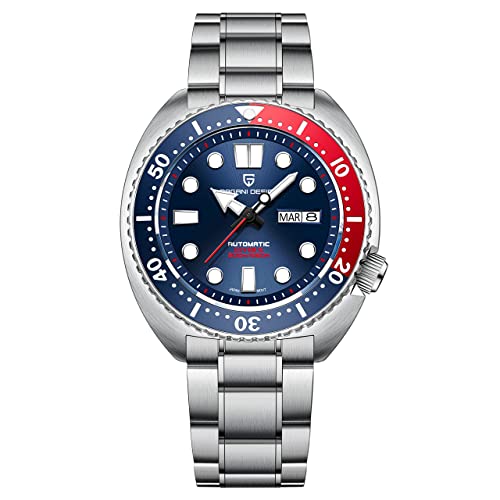 Pagani Design - Reloj de buceo automático para hombre, resistente al agua hasta 200 m, esfera grande, pantalla de dos semanas, correa de acero inoxidable y correa de caucho, Azul, azul, rojo Cover