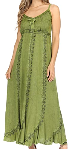 Image of Sakkas Allie Stonewashed Embroidered Adjustable Spaghetti Straps Long Dress