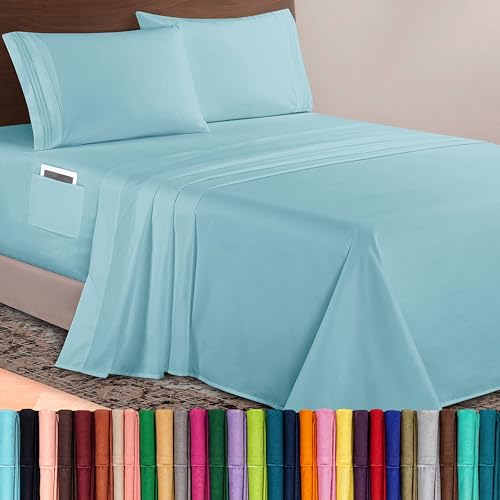 Image of Elegant Comfort Luxurious 1500 Premium Hotel Quality Microfiber 4-Piece Sheet Set, 18-24 Inches Deep - Extra Deep Pocket Sheets - Ultra Soft 4PC Deep Pocket Sheets, California King, Aqua Blue