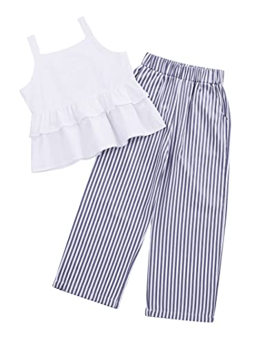 Image of Girl's 2 Piece Striped Outfits Cami Top Wide Leg Pants Ruffle Hem Summer Clothes with 2 Pockets 3-14Y