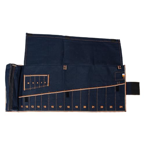 Image of BULL TOOLS Metric Ratcheting Wrench Set (6-32mm), 19-Pocket Roll, with Zip Pouch, Made from Durable Recycled Cotton Canvas for Mechanics, DIYers, and Home Use - Navy Blue