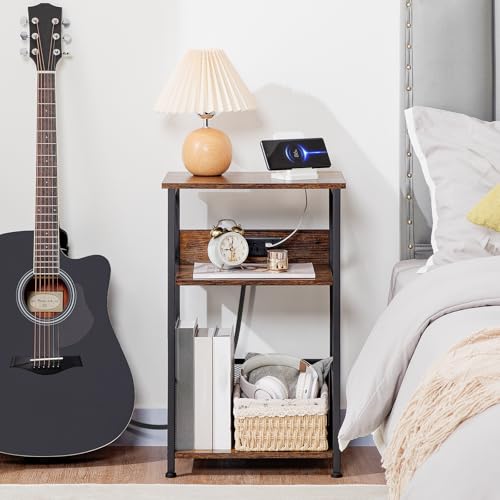 AMHANCIBLE Record Player Stand with Charging Station, Turntable Stand with Storage Cabinet, 3 Tier End Table Hold Up to 100 Albums, Record Table for Vinyl, Living Room, Rustic Brown, HETCD01BR-1