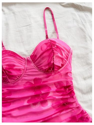 SOLY HUX Women's Summer Floral Corset Dress Spaghetti Strap Ruched Mesh Bodycon Vacation Mini Dresses3