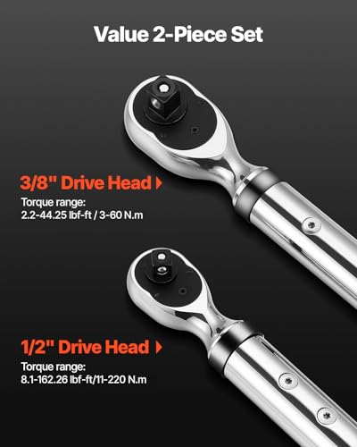 Image of VEVOR Digital Torque Wrench 3 /8 1 /2 Inch Drive, 0-44.25FT.LB(0-60Nm) /0-162.26FT.LB(0-220Nm) ±2% Accuracy, Electronic Torque Wrench with Preset Mode,Vibration,Buzzer,LED Notification,5Units of Measure | 2.2-44.25Ft.Lb(3-60Nm) /8.1-162.26Ft.Lb(0-220Nm) , ±2% Accuracy Electric Wrench Set, Peak & Track Buzzer, LED Alert
