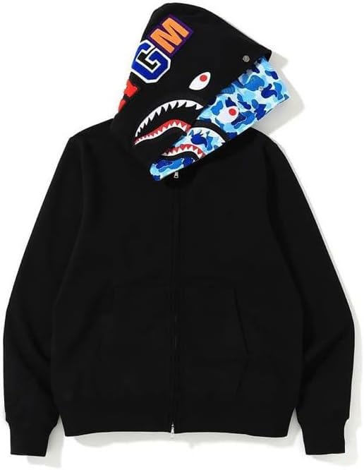 RICK TOP ONE Unisex Shark Camo Zip-Up Hoodie with Eye-Catching Graphics & Colorful Patches Trendy Streetwear Pullover for Men Women Teens Black Blue XL