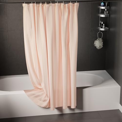 Image of Encasa XO Waterproof Shower Curtain for Bathroom 6 x 6.5 feet(183x200 cm), Anti-Fungal Polyester Washroom Curtain with 12 Hooks, Wet & Dry Partition Toilet Curtains Stripe Peach