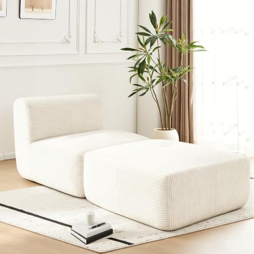 Image of Armless Chair with Ottoman, Modern Corduroy Convertible Cloud Couch