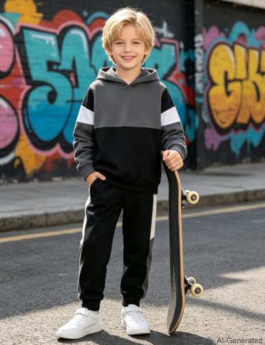 Image of Boys Clothes Long Sleeve Color-blocked Hoodie Top and Pants 2PCS Winter Sweatsuits Fall Boys Outfits 2-8 Years