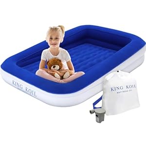 King Koil Luxury Toddler Inflatable Child Airbed, Travel Bed with Built-in Safety Bumper, Portable Air Mattress for Kids, Includes High-Speed Pump – Blue, 1-Year Manufacturer Warranty