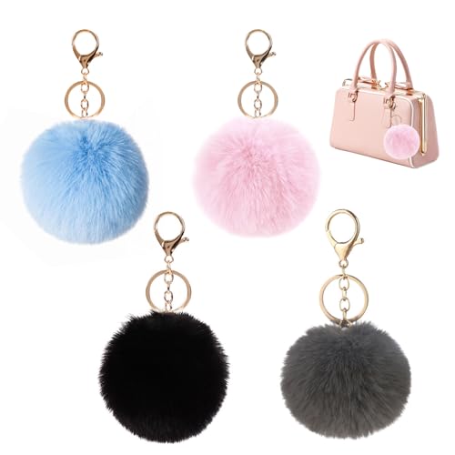 Lot de 4 Porte-clés à Pompons en Peluche, Pendentifs de Sac Multicolores, Accessoires de Mode pour Sac à Main, Clés, Voiture, Diamètre 8 cm, Couleurs...