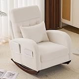 VINGLI Teddy Fleece Low Seat Rocking Chair,Boucle Upholstered Nursery Glider Chair with Side Pockets,Accent Arm Chair with High Backrest,Comfy Head Rest,Solid Wood,for Living Room, Bedroom,Beige