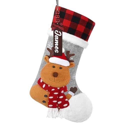 UXORSN Calcetines Navidad Chimenea Personalizados 1 Pieza Calcetin de Navidad con 3D Renos Etiqueta de Nombre Medias de Navideño para Colgar Botas de Dulces de Regalo Decoración Navideña