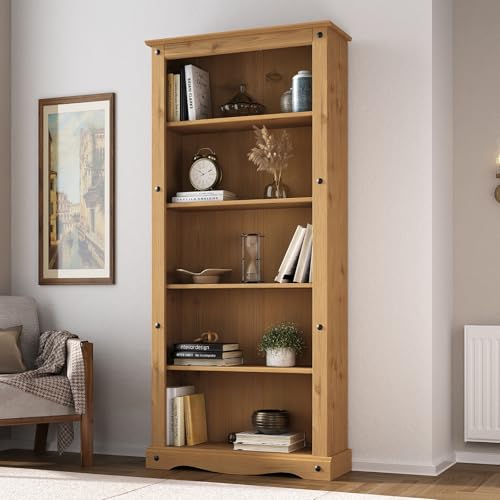 Mews Corona Bookcase Tall Large 5 Book Shelves Mexican Pine Solid Wood