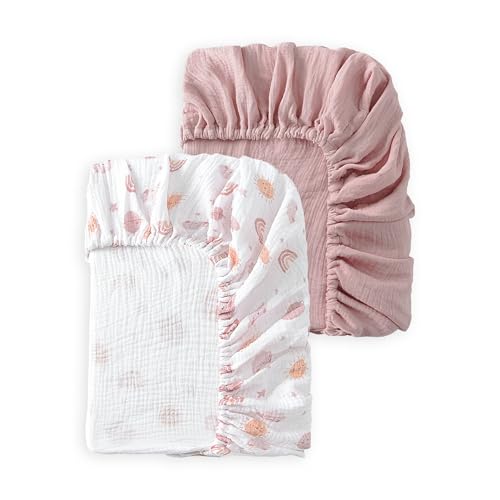 Image of TADO MUSLIN Baby Crib Sheets 2 PCS, 100% Organic Cotton Crib Sheet for Standard Crib Mattress(52”x 28”), Fitted and Soft Breathable Muslin Crib Mattress Sheet for Girl and Boy (Rainbow, Pink)
