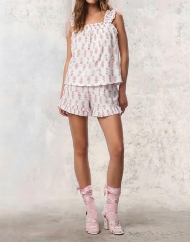 Image of Womens Summer 2 Piece Set Fashion Ruffle Trim Cami and Casual Shorts Set Cotton Pajama Sets