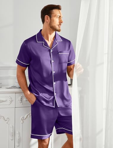 Vssjavun Mens Satin Silk Pajamas Sets Short Sleeve Button-Down Sleepwear Two Piece Loungewear with Pockets
