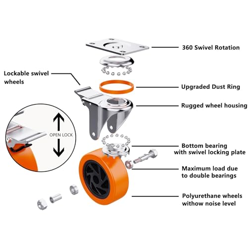 5 Inch Swivel Caster Wheels Set of 4, Heavy Duty Casters with Brake - Load 1800lbs, Polyurethane Locking Casters for Cart, Furniture, Workbench