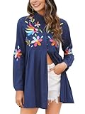 Vackutliv Mexican Embroidered Blouse for Women Traditional Art Floral Long Sleeve Button Down Top Shirts Cinco de Mayo Hispanic Heritage Month Fiesta Outfit Navy Vestidos Mexicanos para Mujer Ropa