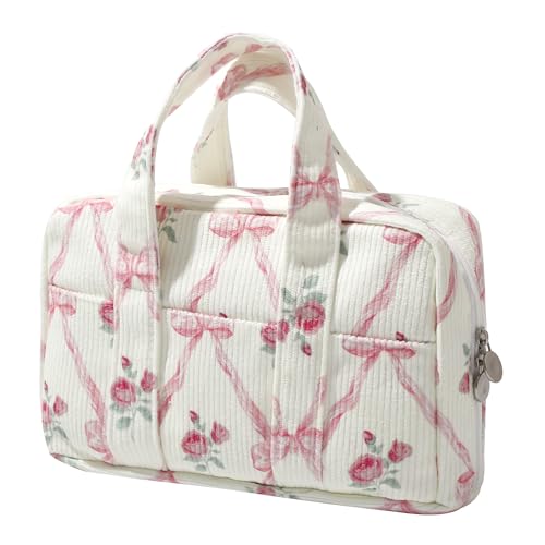 OZAOZ Large Pencil Case Pouch Extra Big Pencil Bag Wide Opening 5 Compartments Soft Corduroy Pen Bag Organizer with Zipper School Supplies for Girls Kids (A Pink Bow) by OZAOZ - Used condition - US$10.92