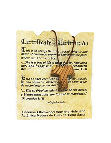 Olive Wood Cross Pendant Christian Tau/Tao Franciscan Design | Hand-Carved Bethlehem | HJW Quality w/Certificate & Prayer Card