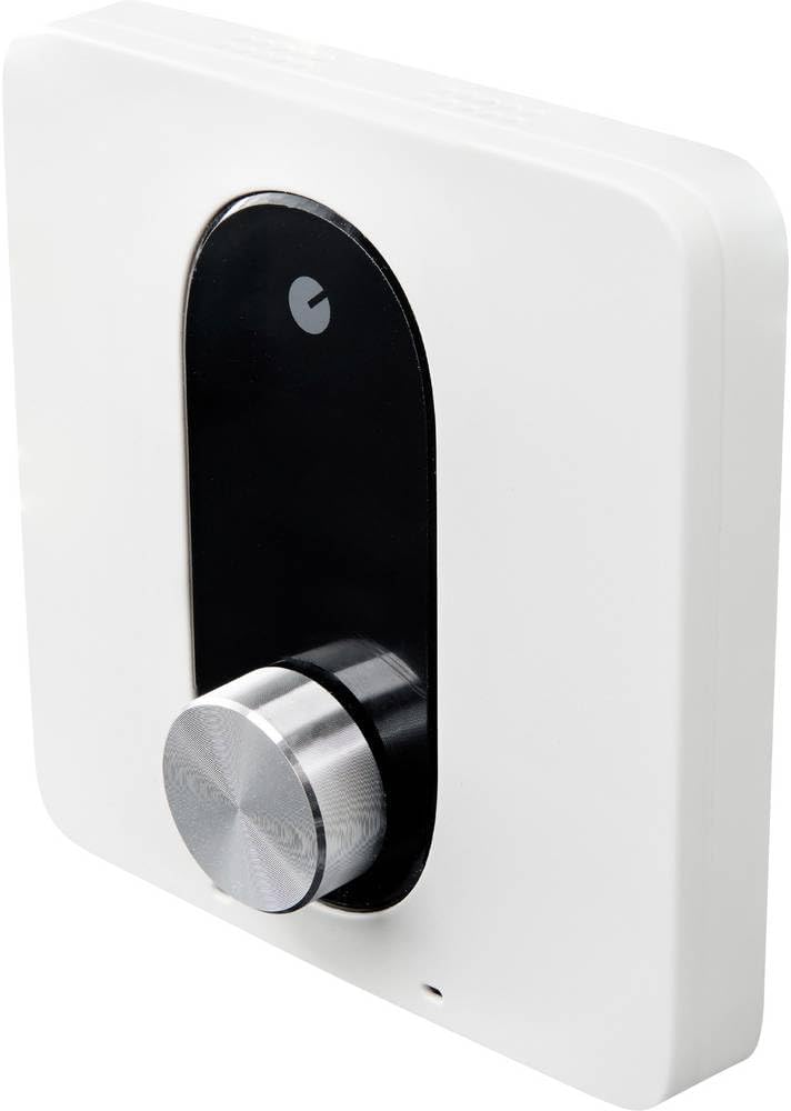 Shelly X Smart Thermostat ST1820 PBS, white square unit with a black vertical display panel and a silver rotary knob.