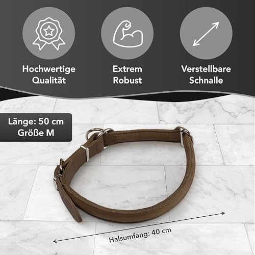 Rund & Weich - Zugstopp Hundehalsband Braun M - 50cm Lederhalsband mit Zugbegrenzung und Verstellbarer Schnalle, Dressurhalsung, Zugstopper, robust, Rindsleder