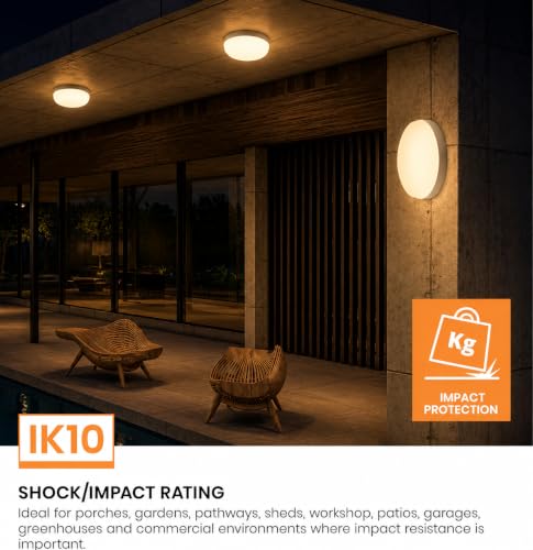 Image of OLIPS LED Bulkhead Light IP54 Waterproof Indoor /Outdoor Wall & Ceiling Light - Weatherproof, Shock Proof, Slim Plastic Surface-Mounted Fixture (18 WATT Round (Warm White), 2)
