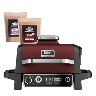 Ninja OG701 Woodfire Outdoor Grill & Smoker, 7-in-1 Master Grill, BBQ Smoker, Air Fryer plus Bake, Roast, Dehydrate, & Broil, uses Woodfire Pellets(1 Pack Included), Portable, Electric, Red