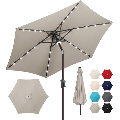 Image of 10ft Solar Patio Umbrella - Outdoor Umbrella with Centre Surround Light 24 LED Lights, Market Table Umbrella with Tilt for Pool, Porch, Garden, Deck, Backyard UV Protection (Taupe)