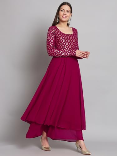 Image of PH POSHAKHUB Georgette Foil Print Anarkali Kurta has Round Neck and Full Sleeve