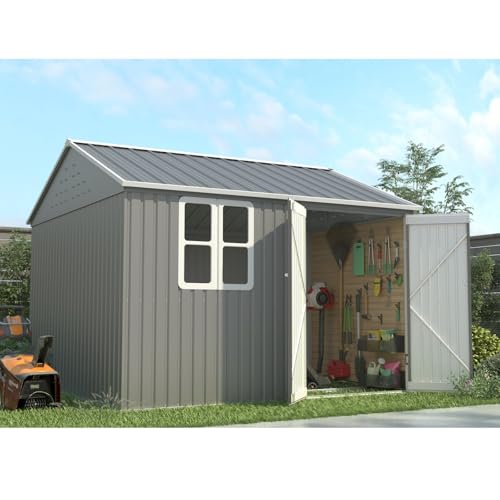 BIRCHTREE Garden Shed Steel Apex Roof House Outdoor Backyard Storage With Lockable Double Doors Window Free Foundation Tool Equipment Organizer Air Vents 10x8FT Grey