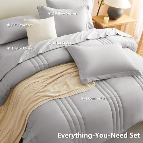 Image of CozyLux Queen Comforter Set French Grey - 7 Pieces Bed in a Bag, Modern Vertical Quilted Room Decor, Soft All-Season Bedding Gift with Comforter, Sheets, Pillowcases & Shams