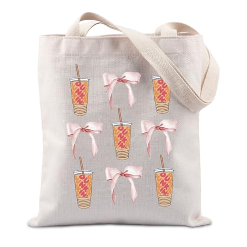 Lywjyb Birdgot Drinkin Coffee Pink Bow Tote Bag Reusable Aesthetic Donuts Shopping Bag Gift for Women (Drinkin Coffee Tote1)