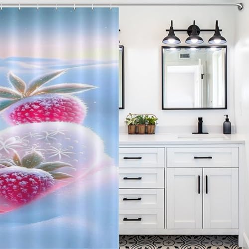 Rideau de douche fraise lavable en polyester imperméable équipé de 12 crochets