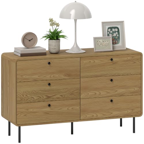 HOMCOM Commode 6 Tiroirs, Meuble Rangement Étroit, 120 x 40 x 75 cm Chêne