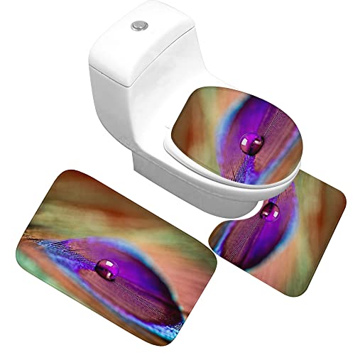Badematten Set,Badematten Teppich-Set 3-Teilig Lila Pfauenfeder Tropfen 3D-Druck Rutschfeste Badematten Weiche…