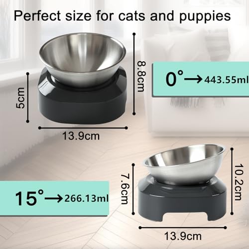 PewinGo Katzennapf-15°Kipphals-Schutzschale Edelstahl Lebensmittelqualität, Maschinenwaschbar,rutschfeste Silikonbasis,für Haustiere Katzen und Welpen - Einzelne Schüssel
