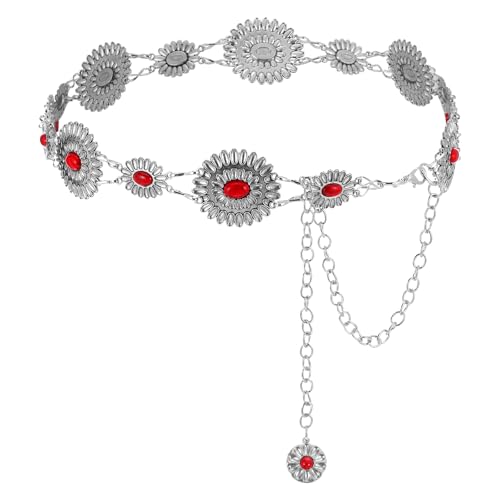 Prasacco Western Belt Metal Oval Concho Chain Belt Red Western Belts for Women Cowgirl Chain Turquoise Belts for Dresses Jeans Country Concert Outfit